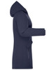 A navy ladies business parka featuring a hood, long sleeves, and side pockets. It has a branding logo.