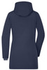 A navy blue ladies business parka with a hood, featuring a sleek, modern design and a logo.