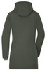 A ladies business parka in dark green, featuring a hood and a sleek, fitted design. The back view highlights its length.