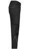 Black workwear pants featuring a slim fit design and side pockets, with a logo present on the garment.