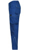 Blue workwear pants with multiple pockets and contrasting stitching. The pants have a logo on the side.