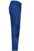 Blue workwear pants displayed from the side, featuring a logo and detailed stitching.
