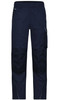Navy workwear pants featuring a zippered pocket and reinforced panels. The design includes a logo on the waistband.