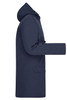 A navy blue men's business parka with a hood and side pockets, featuring a logo.