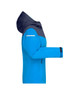 A blue and navy ladies' all-weather jacket with a hood, featuring a zip pocket and a logo.