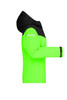 A bright green and black ladies all-weather jacket with a hood, featuring a logo and zippered pockets.