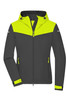 A ladies' all-weather jacket in dark grey with bright yellow accents and a hood, featuring zipped pockets and a logo.