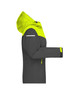 A grey and neon yellow ladies' all-weather jacket with a hood and reflective accents, featuring zip pockets.