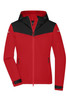 A red and black ladies all-weather jacket featuring a hood and zippered pockets, with a logo on the sleeve.