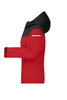 A red and black allweather jacket with a hood, featuring a zip front and adjustable cuffs. It has a logo on the sleeve.