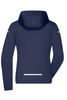 A navy ladies all-weather jacket with a hood, featuring reflective strips and a sleek design on the back.