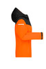 A vibrant orange ladies' all-weather jacket with a black hood and reflective detailing. Features a logo on the sleeve.