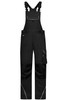 A pair of black workwear pants with a bib, featuring adjustable straps and a pocket.