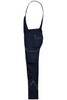 Navy workwear pants with bib, featuring multiple pockets and a logo. Designed for durability and practicality.
