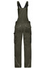 Workwear pants with bib in dark green, featuring adjustable straps and cargo pockets. Includes a logo on the back.