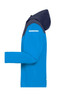 A men's all-weather jacket in bright blue and navy, featuring a hood and reflective detailing.