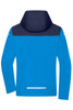 A blue all-weather jacket with a navy hood and back, featuring long sleeves and a branding logo.