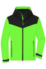 A bright green and black men's all-weather jacket featuring a hood and zippered pockets, with a logo on the front.
