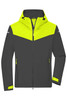 A men's all-weather jacket in grey with a bright yellow upper section and reflective accents, featuring a hood and zippered pockets.