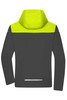 A men's all-weather jacket in black with a bright yellow hood and shoulder section, featuring a logo.