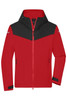 A red and black men's all-weather jacket with a zip front, hood, and pockets, featuring a logo.