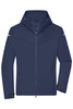 A navy blue men's all-weather jacket with a hood, featuring zippered pockets and a logo on the chest.