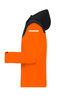 An orange and black men's all-weather rain jacket, featuring a hood and a reflective strip.