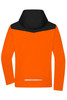 An orange and black men's all-weather jacket with a hood and reflective detailing on the back.