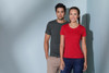 A grey men's T-shirt and a red women's T-shirt on models standing against a light blue background. Both shirts have logos.
