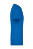A blue T-shirt with short sleeves and a round neckline. It features a logo on the front.