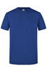 A blue T-shirt with short sleeves and a round neckline. It has a label and features a logo.