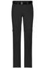 Black ladies zip-off trekking pants with a belt and multiple cargo-style pockets. Features a logo on the waistband.