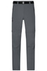 Mens zip-off trekking pants in grey featuring a belt and zippered pockets. Suitable for outdoor activities.