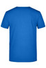 A blue T-shirt with a plain back, featuring a logo on the neck area.