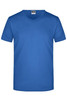 A blue men's V-neck T-shirt featuring a simple design and a label with branding.