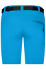 Bright blue ladies trekking shorts with a back pocket and a black belt. Features a logo on the design.