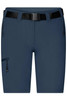 Navy blue ladies' trekking shorts featuring a belt and multiple zippered pockets. Includes branding on the waistband.