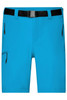 A pair of blue mens trekking shorts with side zippers and a black belt. The shorts have a smooth, durable fabric.