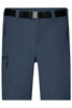 Navy men's trekking shorts with a black belt and zippered pockets. Features a logo on the waistband.