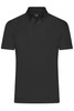 A plain black men's polo shirt with a collar and button front, featuring a small logo on the chest.