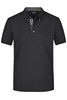 A black plain polo shirt featuring a check pattern on the inner placket and a logo. Short sleeves and a classic collar.