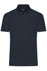 A plain navy blue polo shirt with a collar and a logo on the chest.