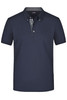A navy blue men's polo shirt with a checkered collar, featuring a logo on the chest and short sleeves.