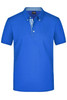 A blue plain polo shirt with a collared neckline and checkered detailing under the collar. It features a logo on the chest.