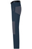 Men's trekking pants in navy blue with grey patches, featuring a side zip pocket and a belt.