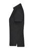 A black ladies' polo shirt featuring short sleeves and a classic collar. It has a logo on the front.