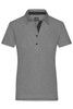 A grey plain polo shirt with a collared neckline and three buttons, featuring a logo on the chest.