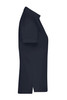 A navy ladies polo shirt featuring a classic collar and short sleeves, displayed from the side. It has a logo.