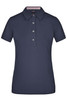 A navy blue ladies plain polo shirt with a collar and five buttons, featuring a small logo.