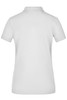 A plain white polo shirt with a short sleeve and a collar, featuring a logo on the back.